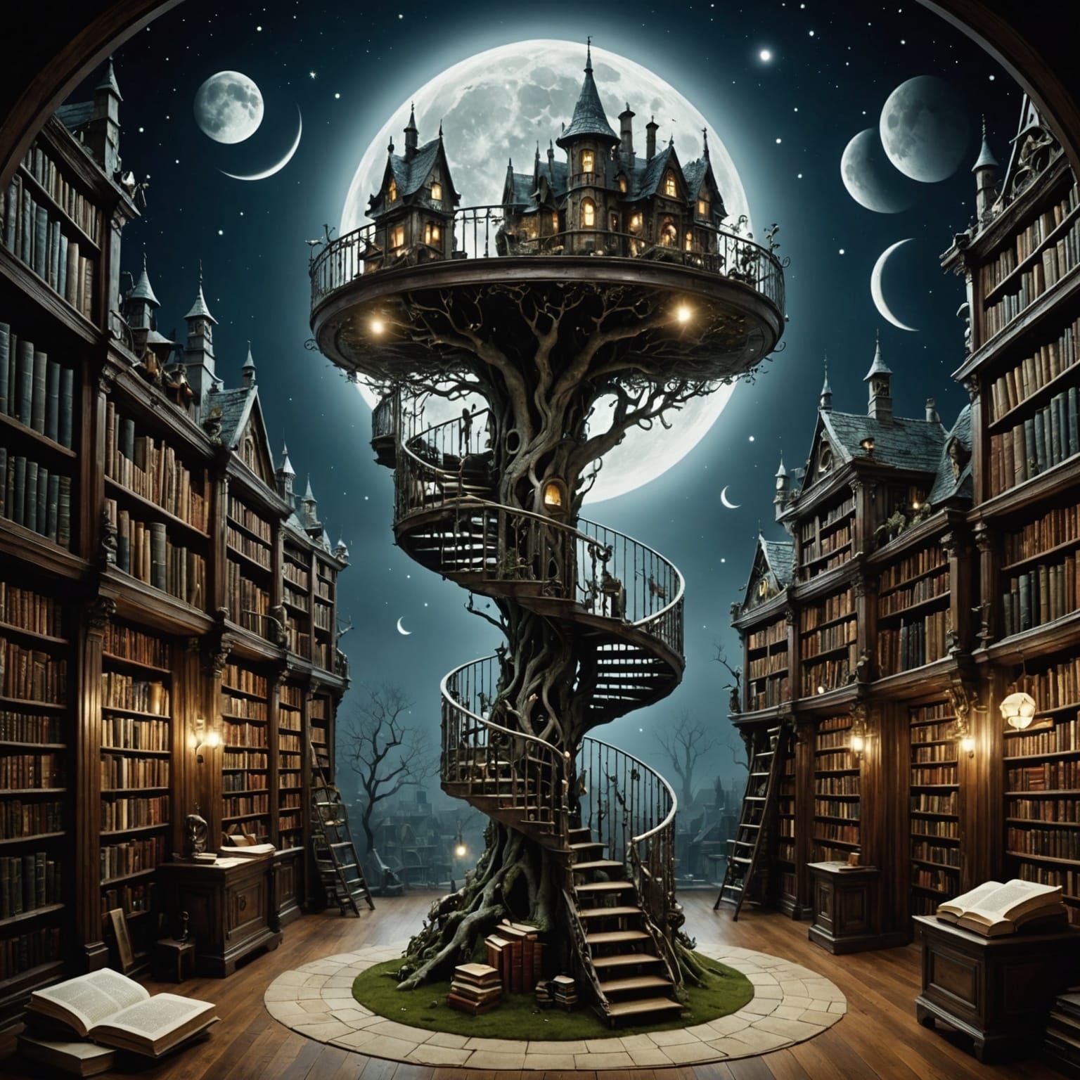 Surreal Moonlit Library with a Boy Reading