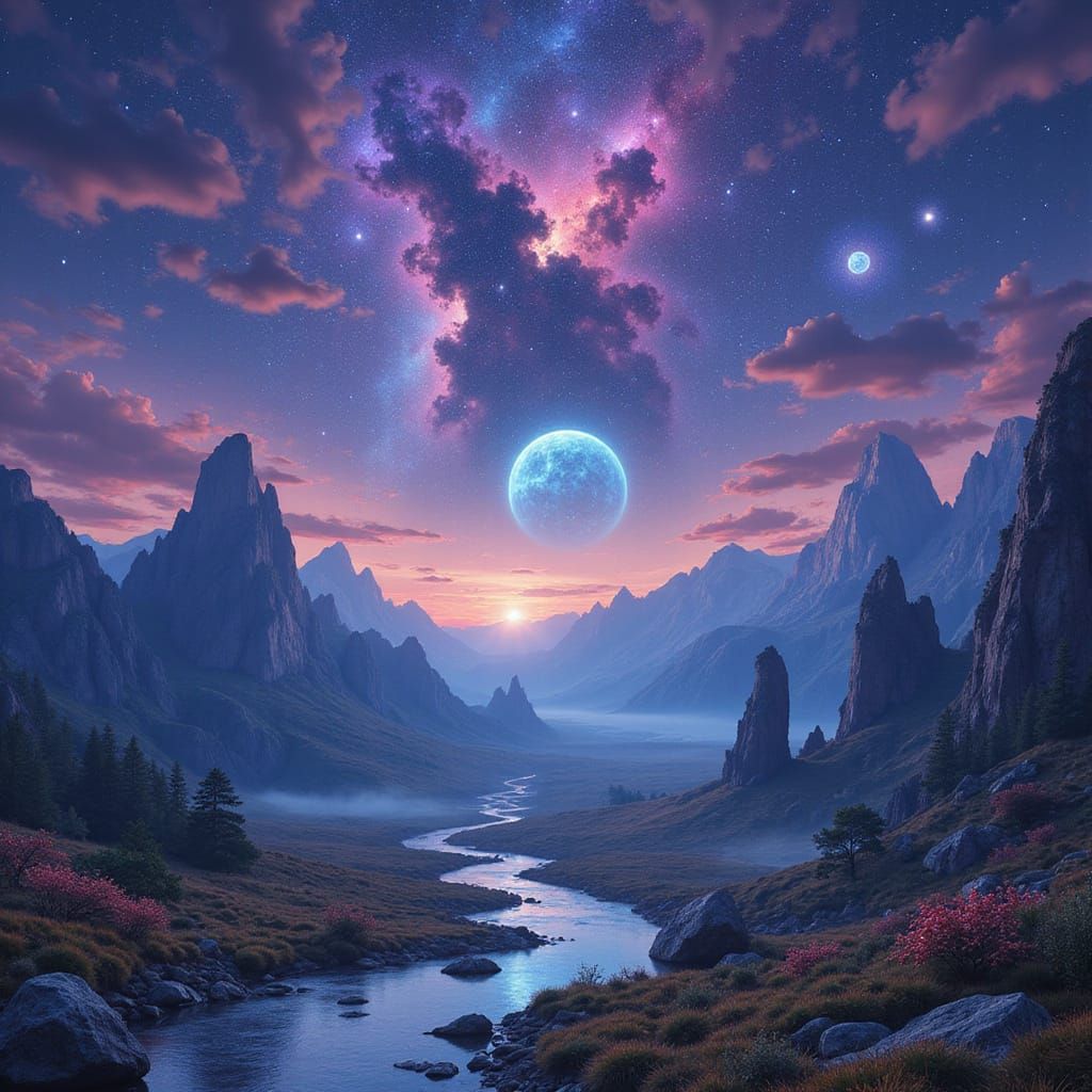 Majestic Fantasy Landscape with Nebulae, Astrophotography St...