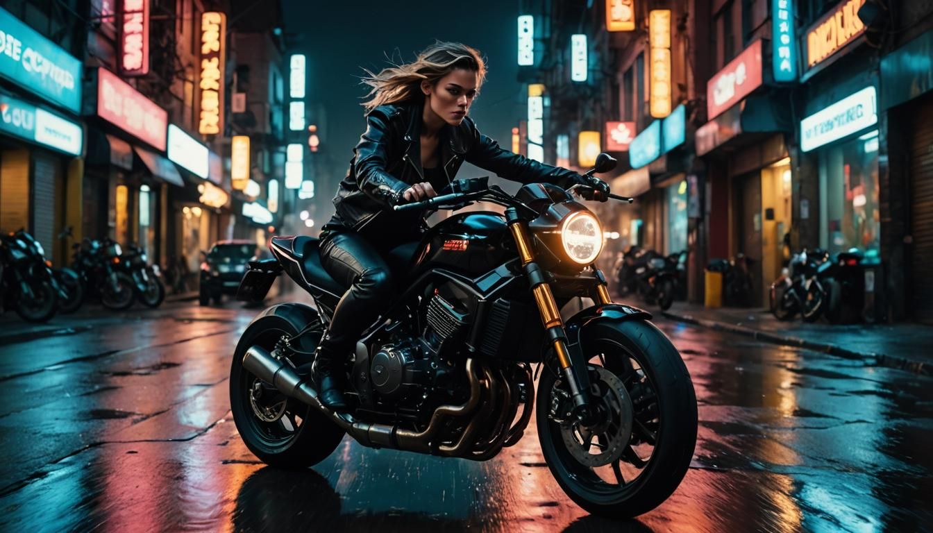 Cyberpunk Woman Rides Motorbike at High Speed
