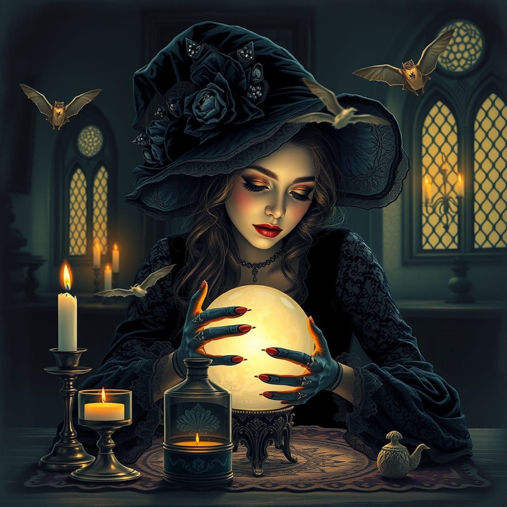 Victorian Witch Crystal Ball in Gothic Setting