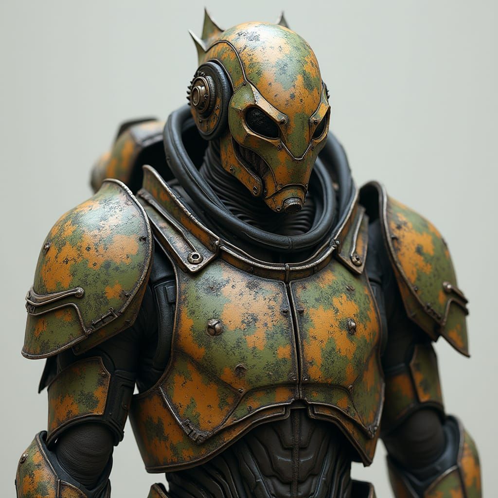 Warforged in Camo Battle Armor: Industrial Futuristic Design