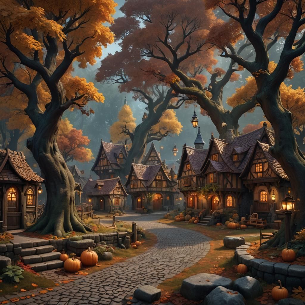 Cozy Fantasy Village in Dark Autumn Forest