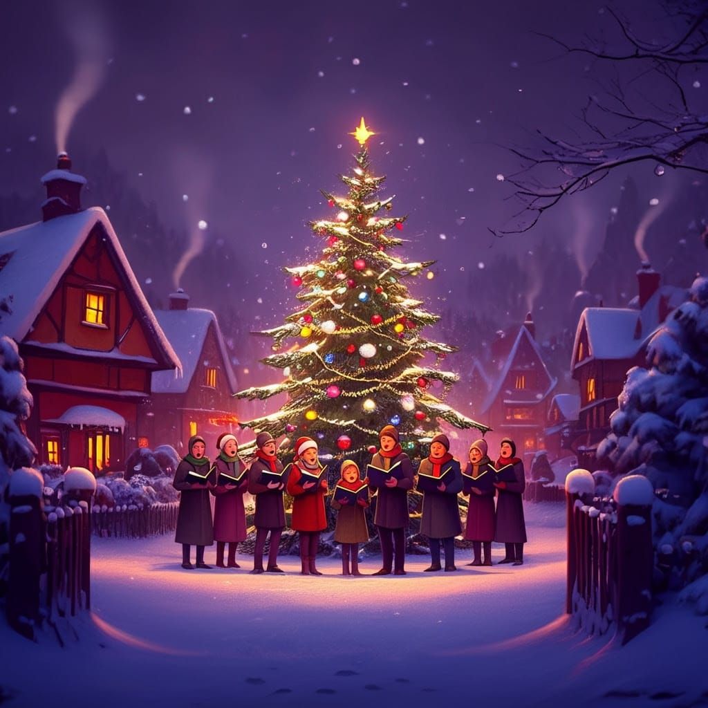 Whimsical Winter Wonderland Scene with Joyful Carol Singers