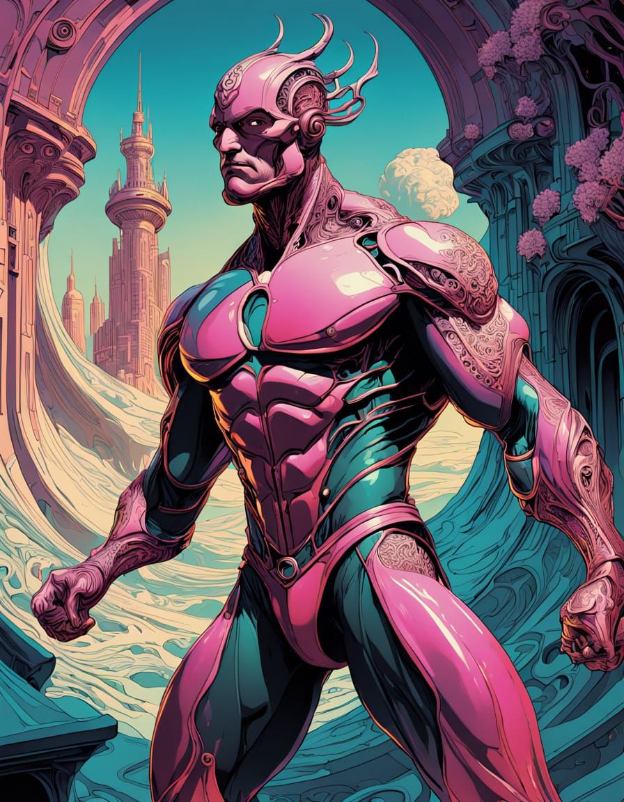 Surreal Art Nouveau Superhero Charges into a Vibrant Retrofu...