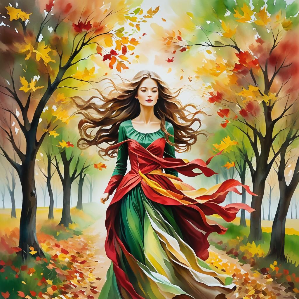 Ethereal Woman of Autumn Leaves: Impressionistic Impasto Art