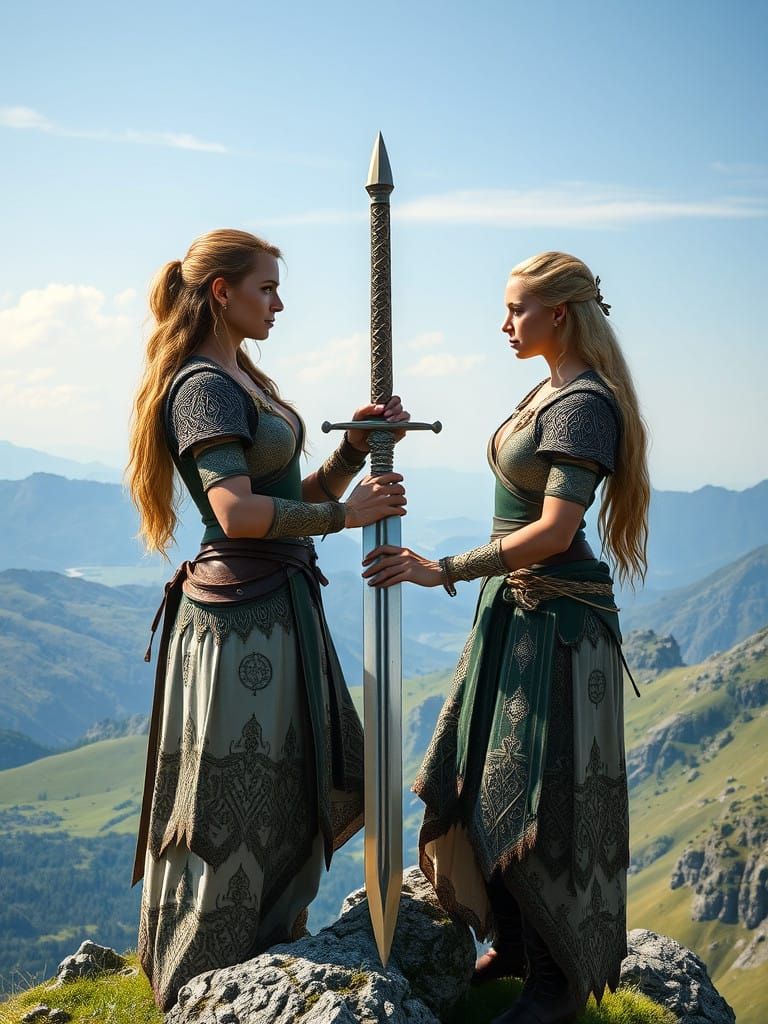 Celtic Warrior Goddesses Stand Victorious on a Mountain Peak