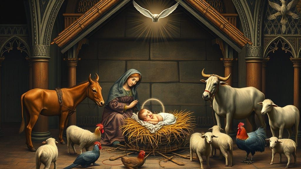 Mystical Nativity Scene in Gothic Architectural Style