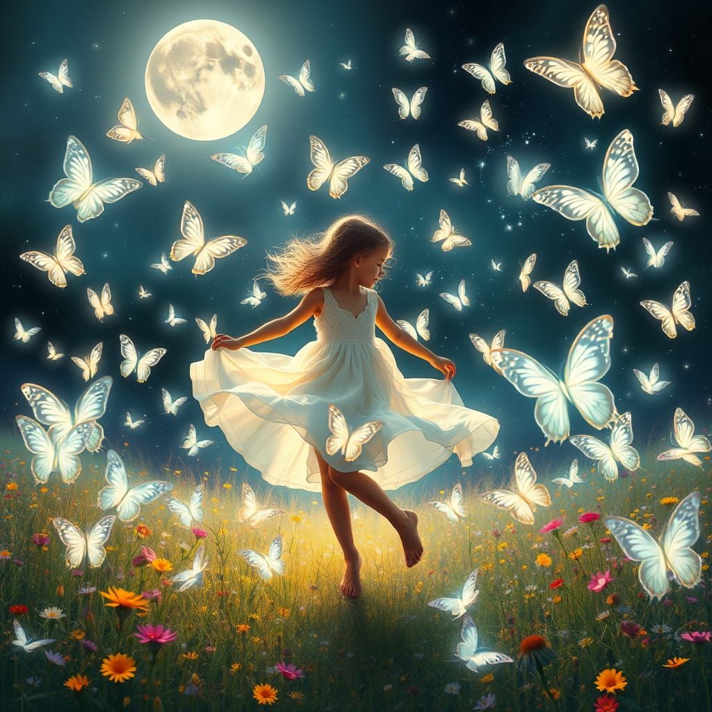 Joyful Girl Surrounded by Iridescent Butterflies in a Dreaml...