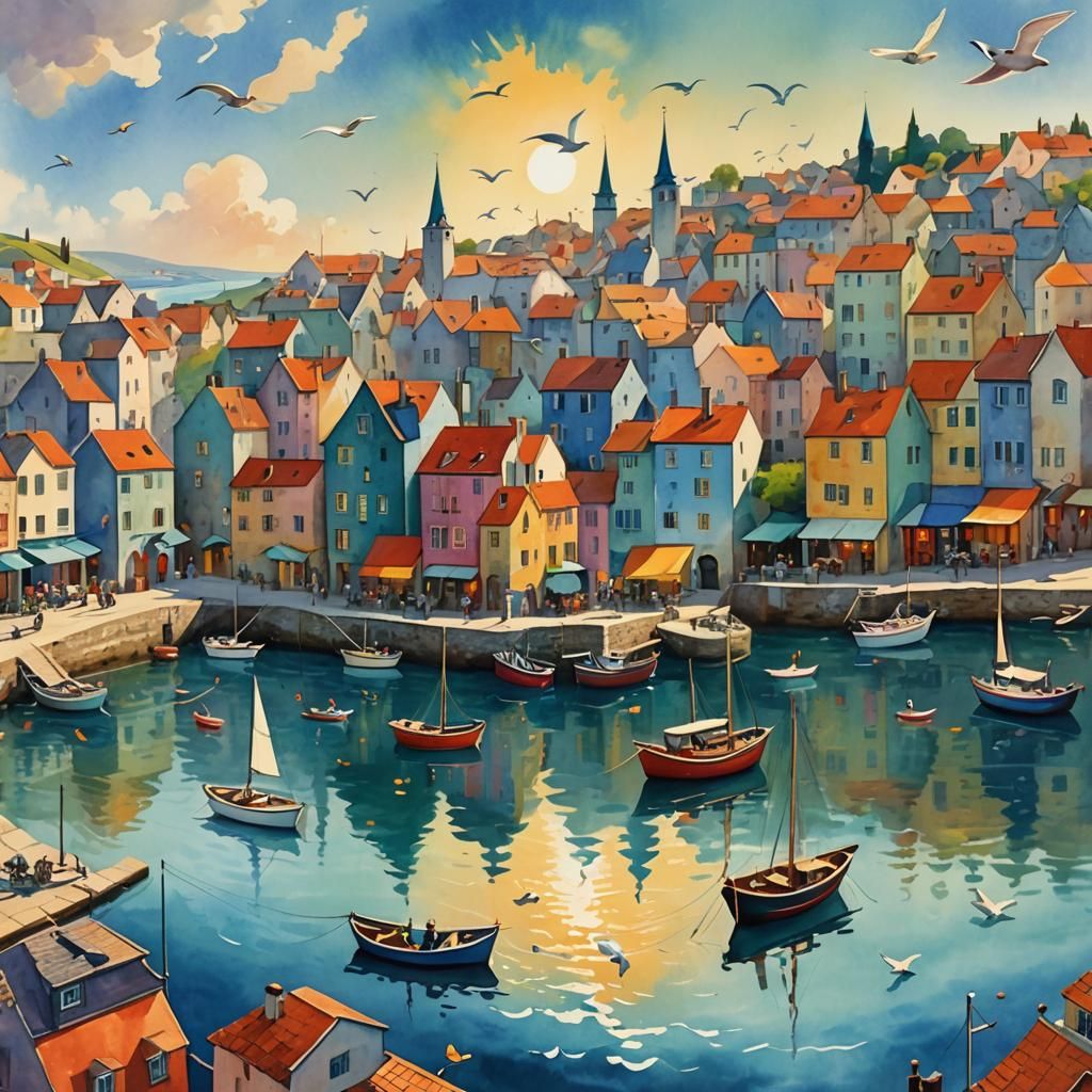 seaside town doodle style