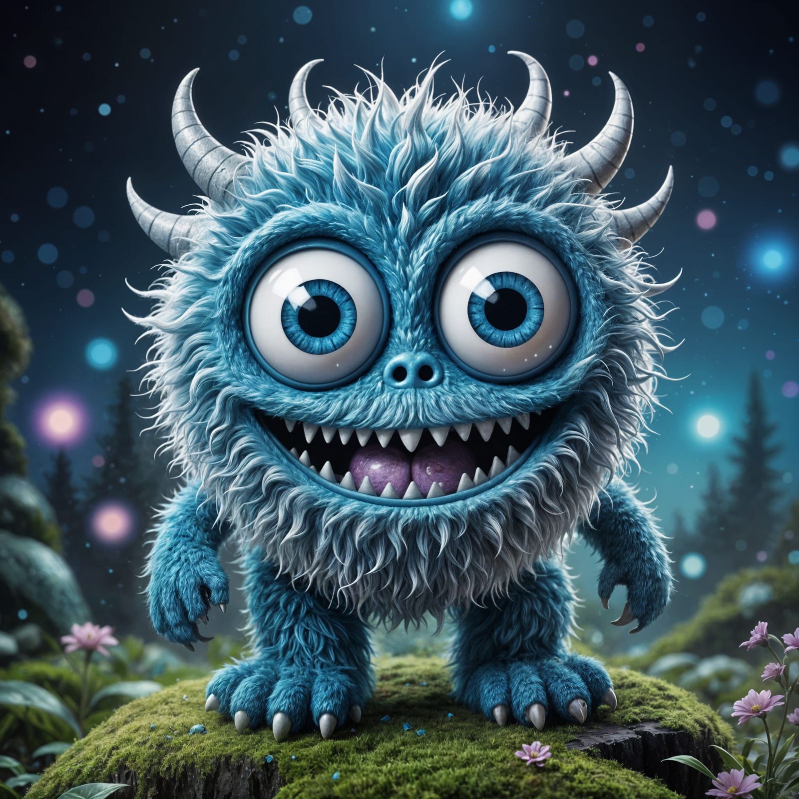 Friendly Blue Monster in Cosmic Illustration Style