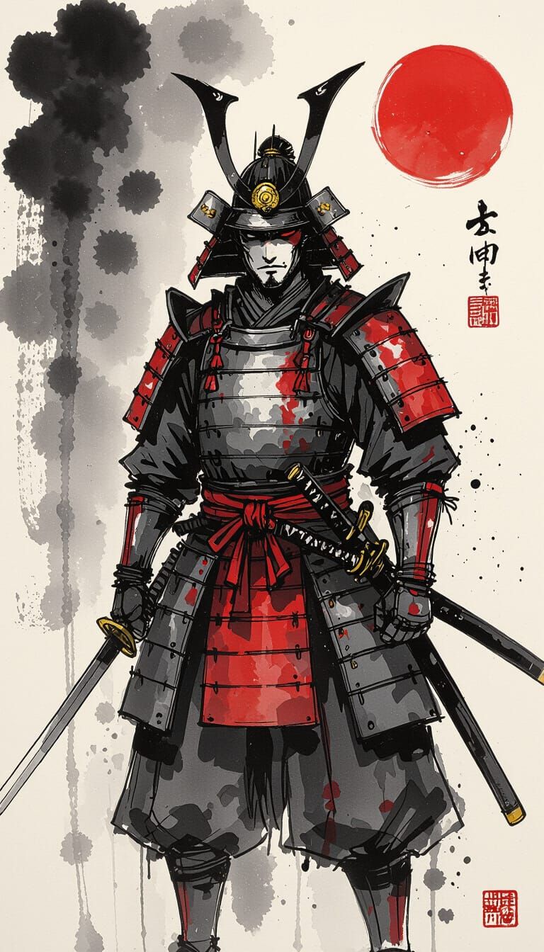 Samurai in Sumi-e Style Ink Painting