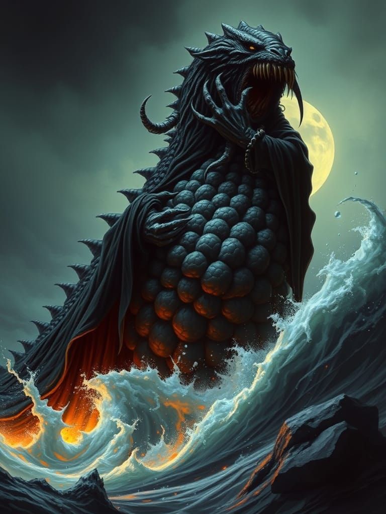 Dark Fantasy Horror: Nazgul Battles Raging Sea Monster