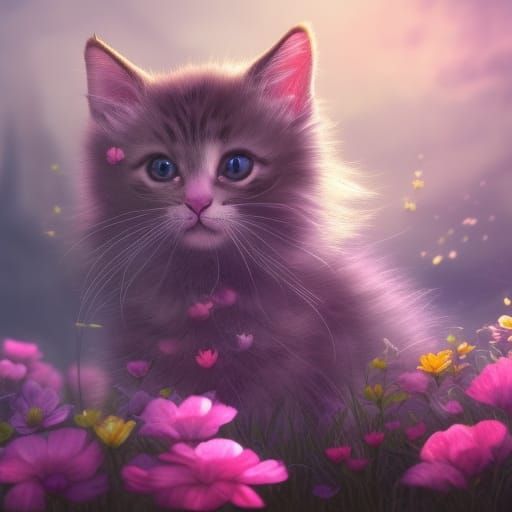 Sad Kitten with Bow in Detailed Fantasy Art