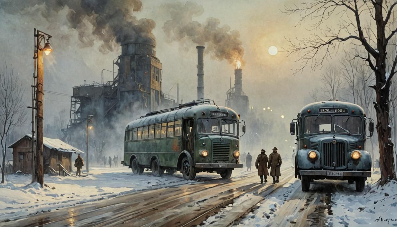 Foggy Soviet Mill Scene with Art Deco Monument