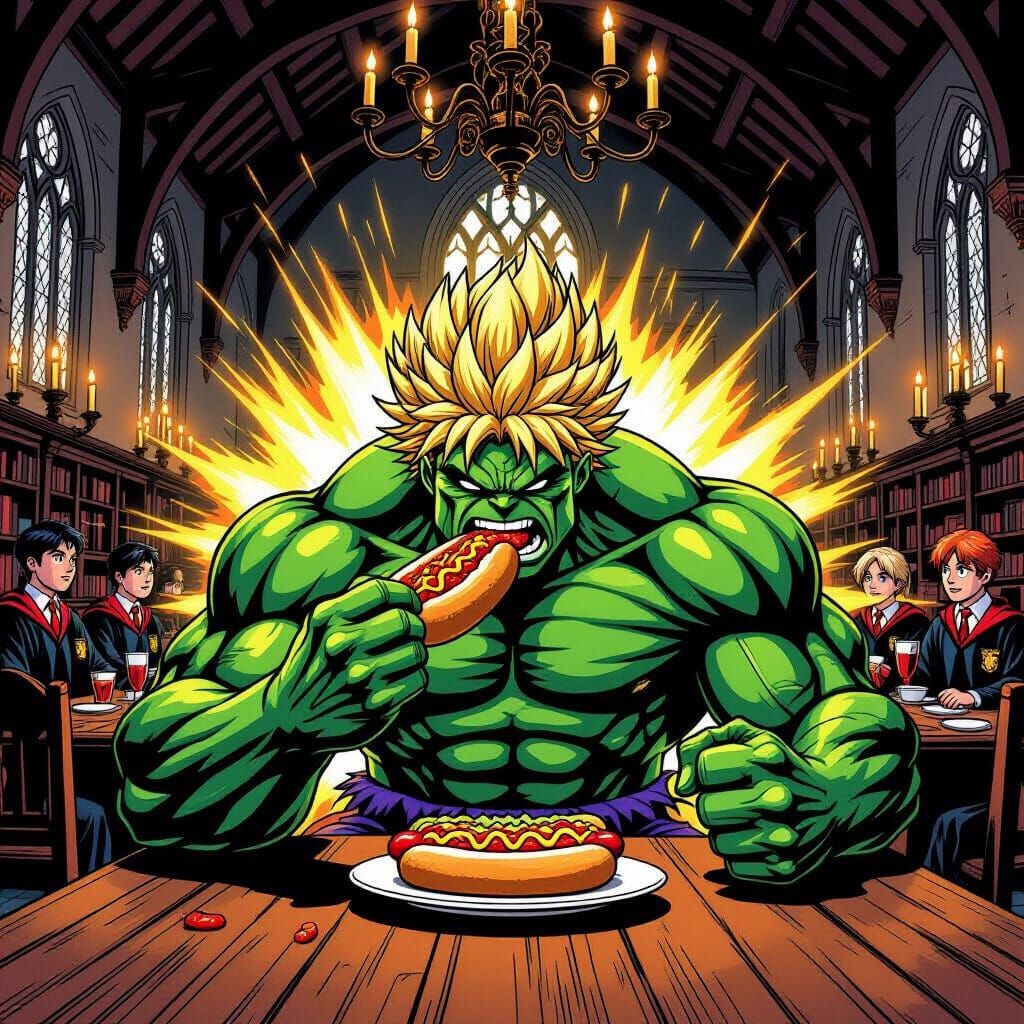 Hulk Super Saiyan at Hogwarts Eating Chilli Dog