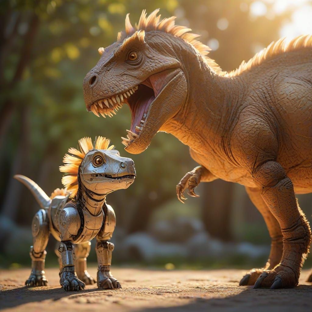Dinosaur and Robot Dog in Golden Hour Wildlife Photo