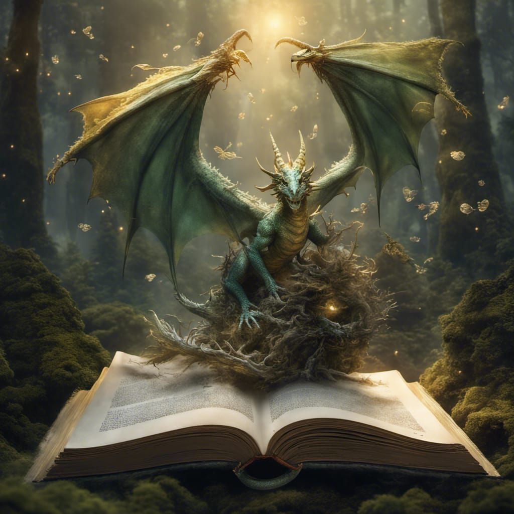 Fantasy Dragon Emerges from Book in Mystic Forest