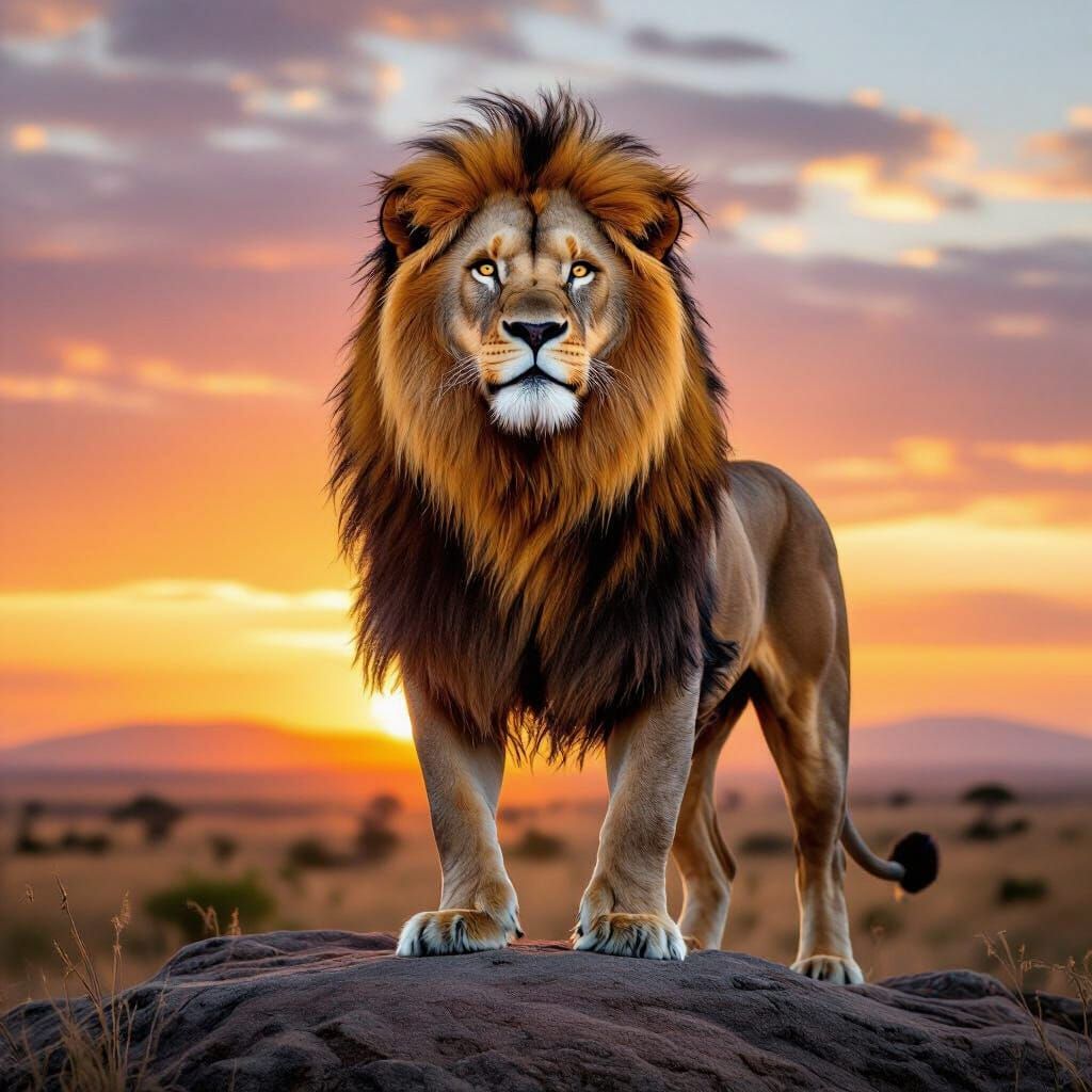 Lion Overlooking African Savanna at Sunset