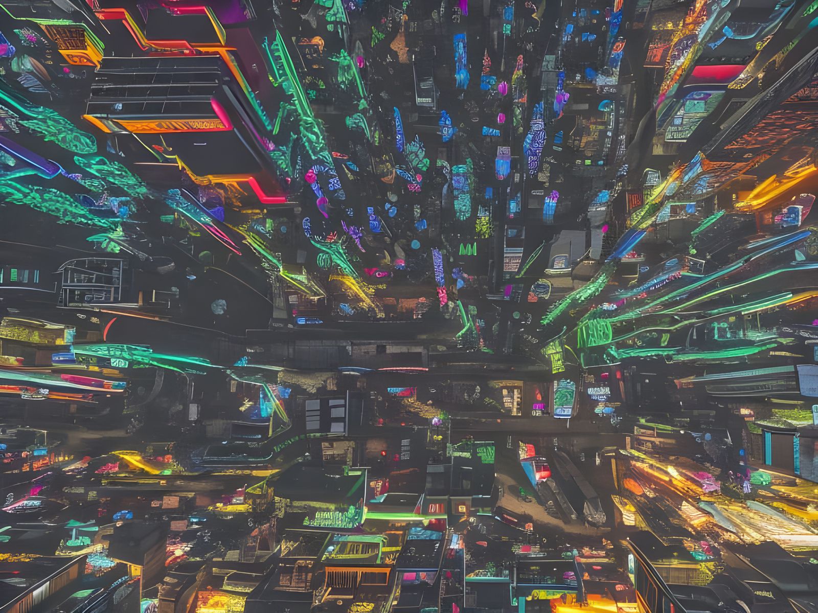 Cyberpunk Cityscape with Neon Lights and Dragon Graffiti