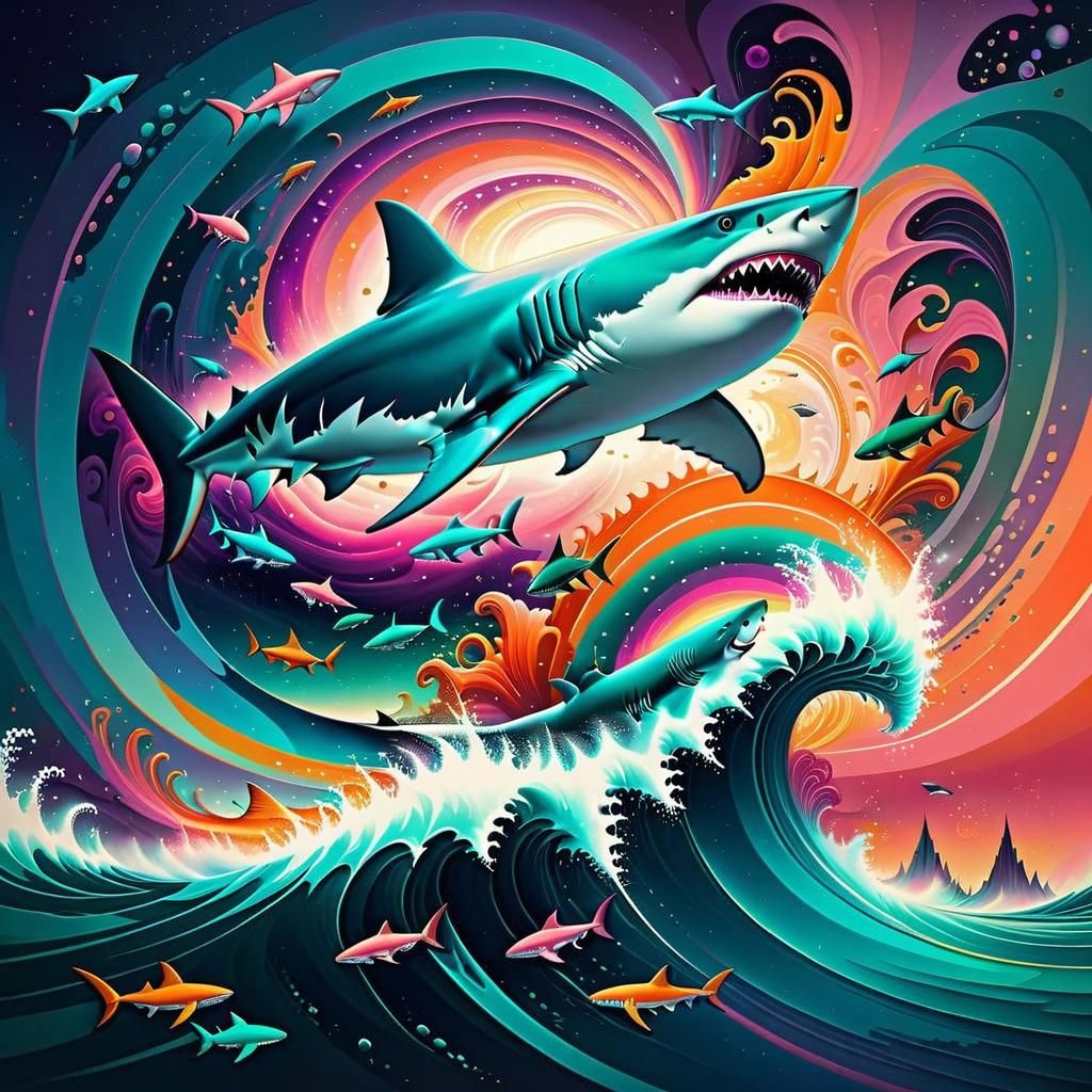 {shark swimming in galaxy , retro futuristic composition wit...