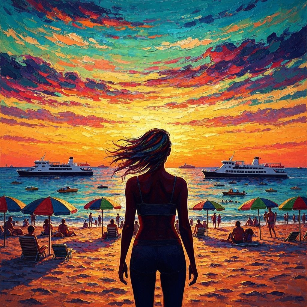 Psychedelic Sunset Beach Scene with Woman in Impasto Gouache...