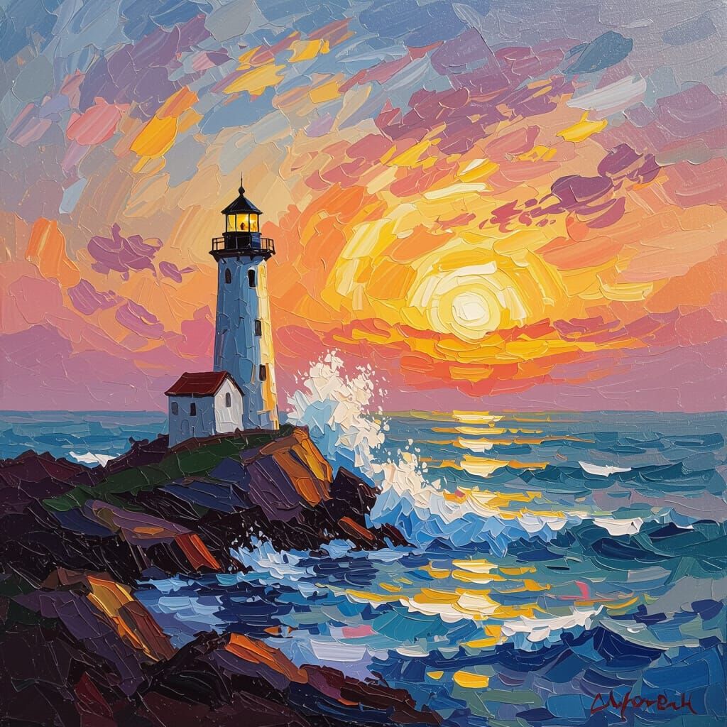 Impressionist Lighthouse Painting with Vibrant Sunset