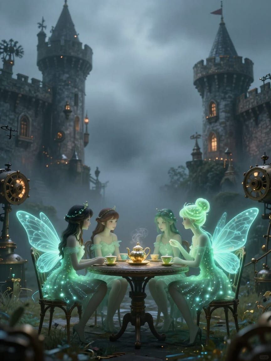 Bioluminescent Fairies Gossip Over Tea Between Castles