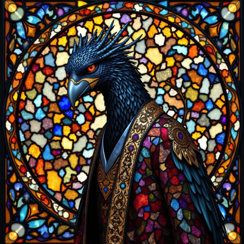 Stained Glass Humanoid Bird Person in Ornate Style