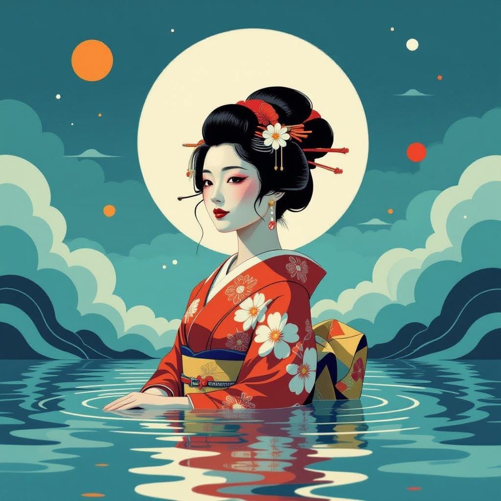 Japanese Woman Bathed in Rothko-Hokusai Moonlight