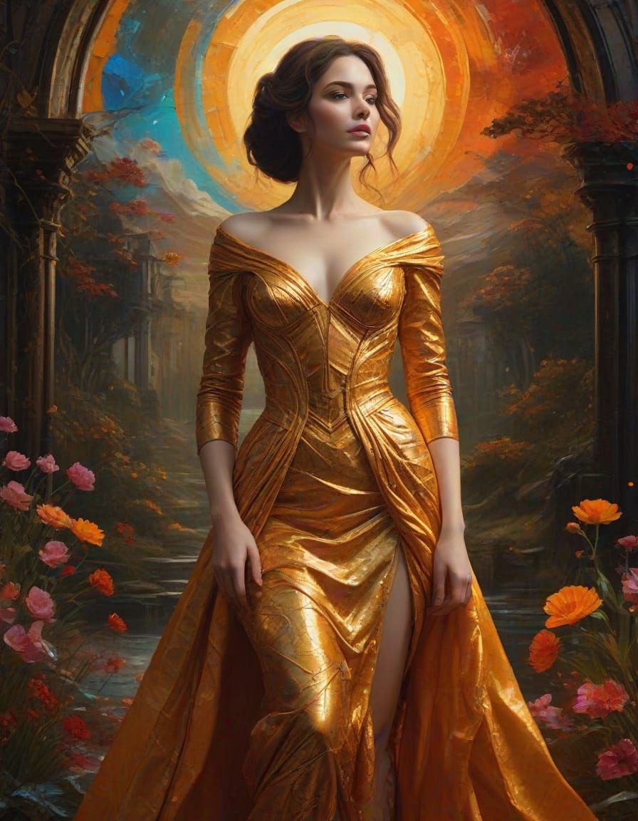 Goddess in Vivid Oil Painting with Abstract Patterns