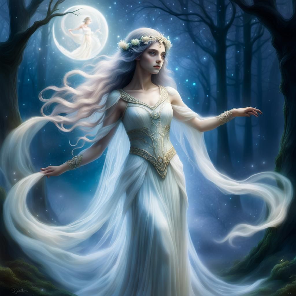 Ethereal Selene Illustration in a Mystical Forest