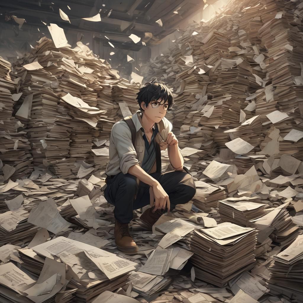 Geologist Overwhelmed by Falling Paperwork in Anime Style