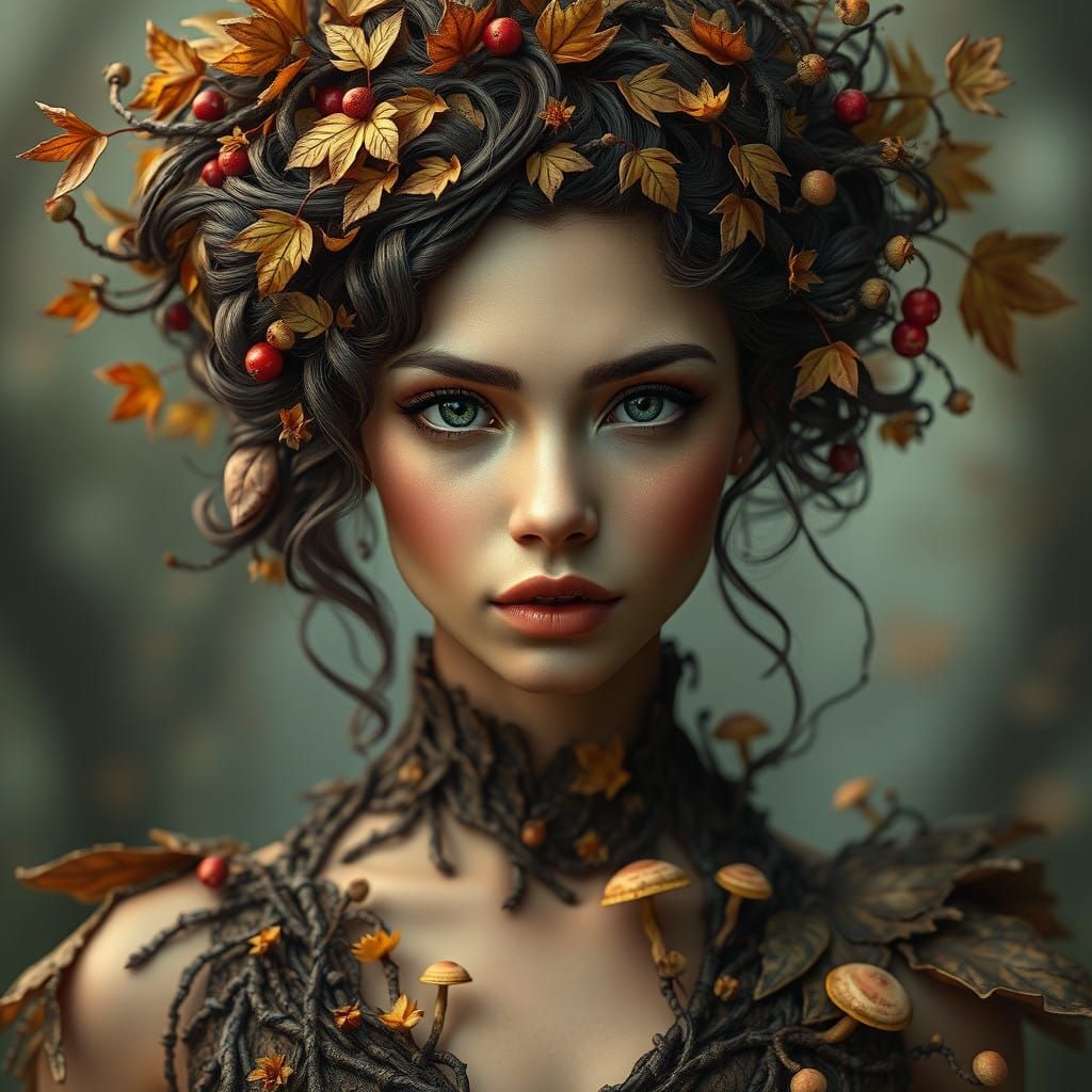 Woman of Autumn Enchantment in Whimsical Fantasy Style