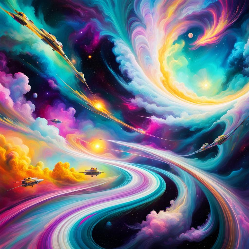 Space Voyagers in Multicolored Nebula: Abstract Expressionis...