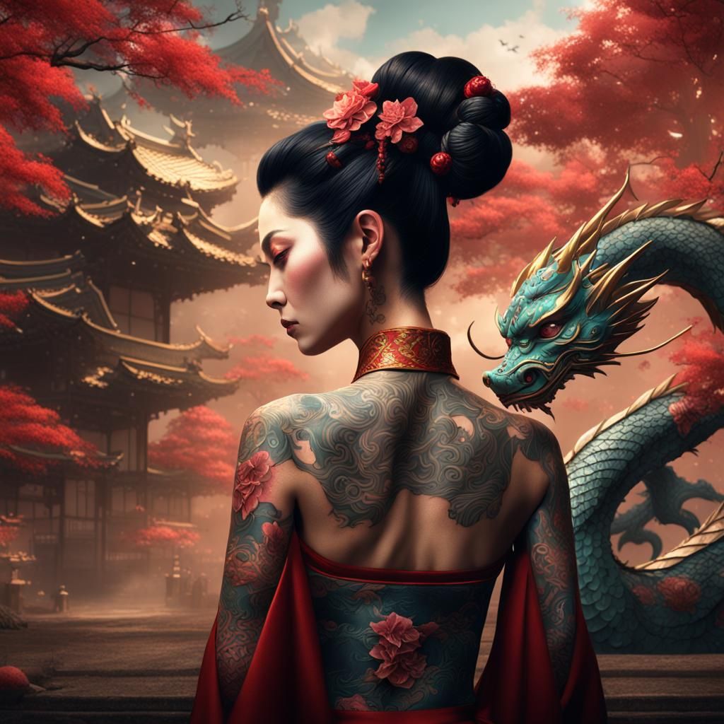 Geisha and Dragon Tattoos in Detailed Matte Painting