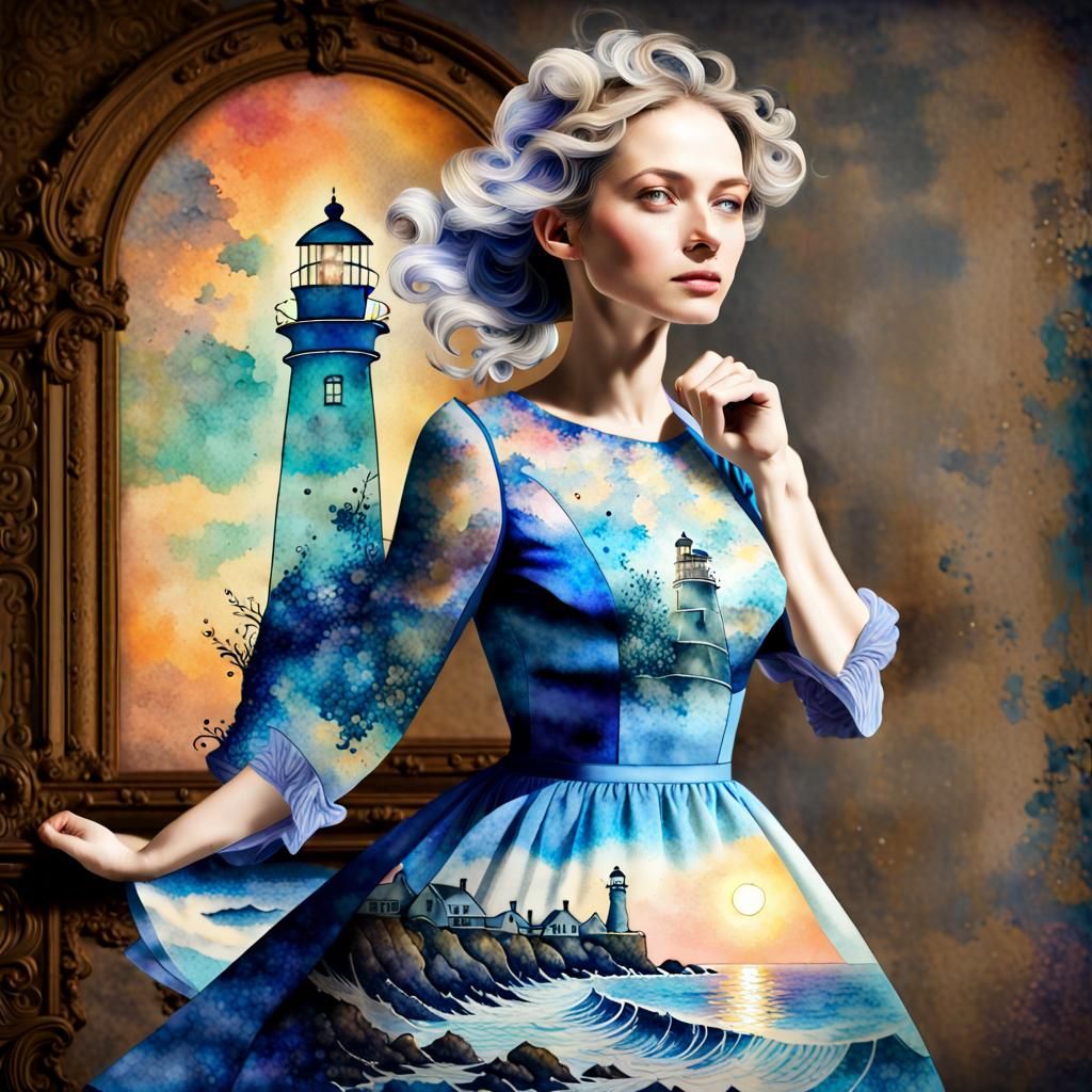 Watercolor Double Exposure: Lighthouse and Lady
