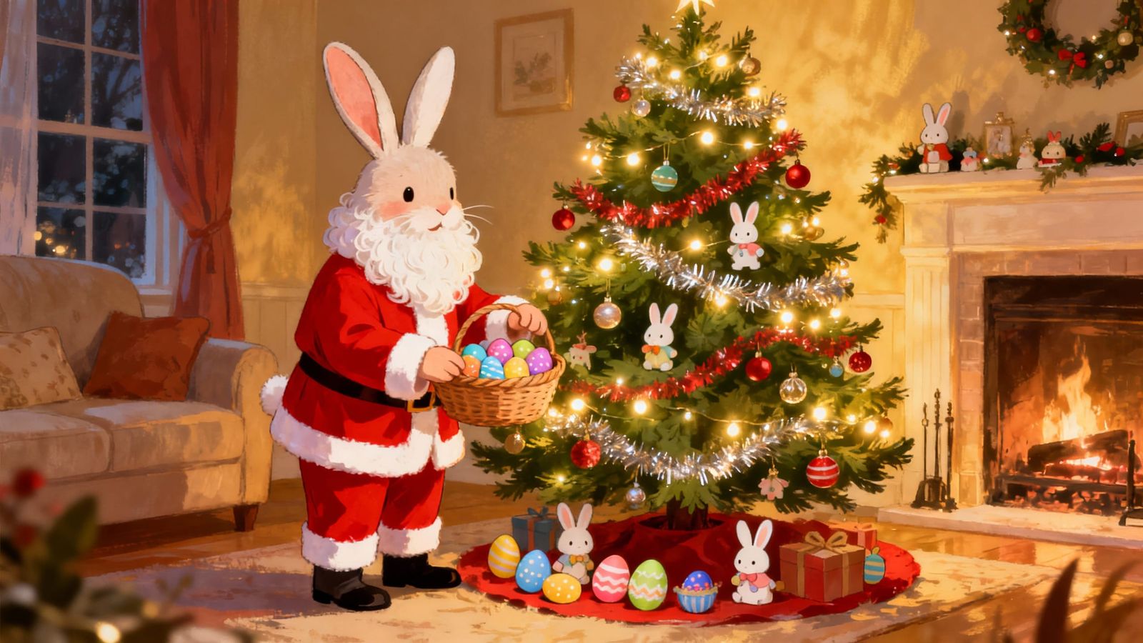 Easter Bunny as Santa Claus Leaving Gifts