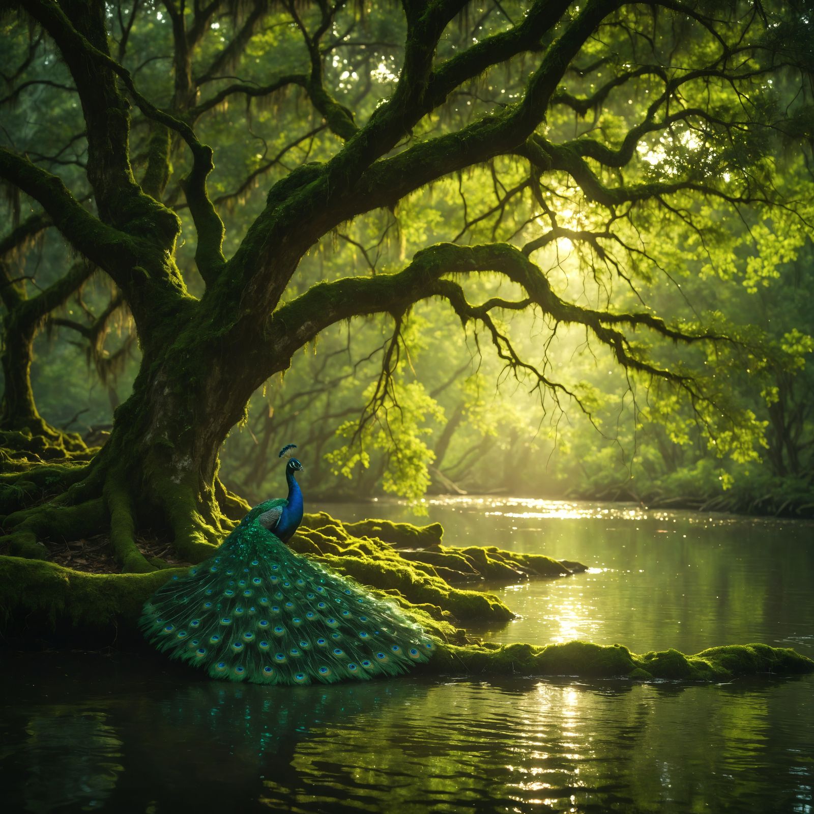 Emerald Peacock Resting Under Mossy Oak Tree