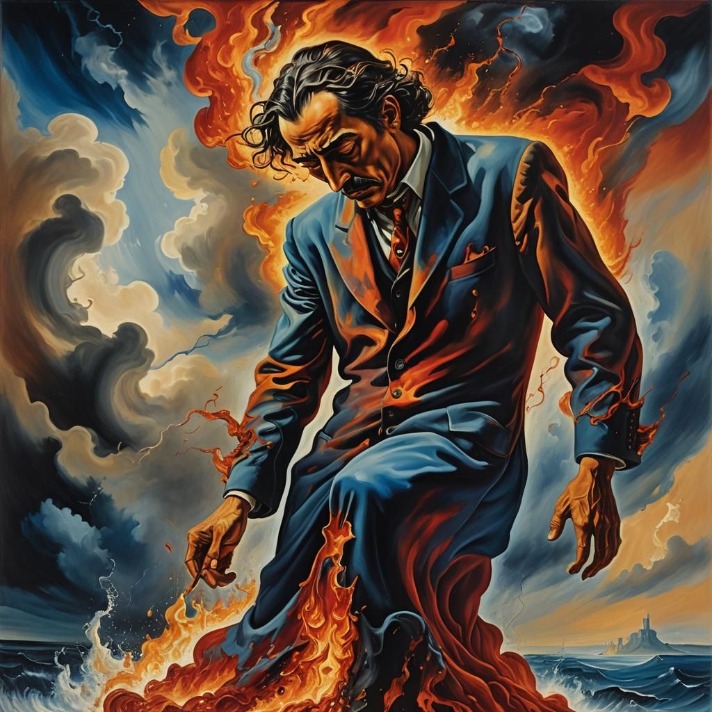 Figure Ablaze in Surrealist Stormy Landscape