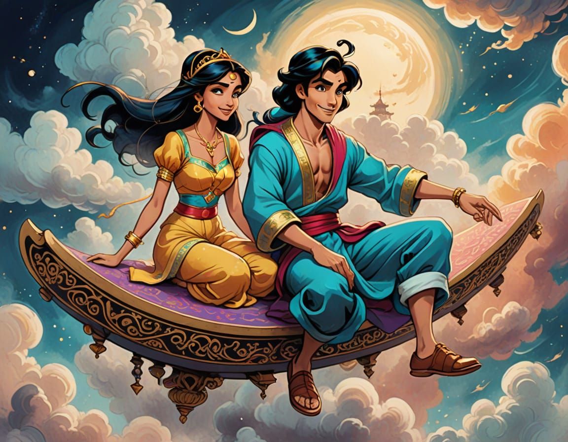 Manga Style Aladdin and Jasmine Soar on a Magic Carpet Ride