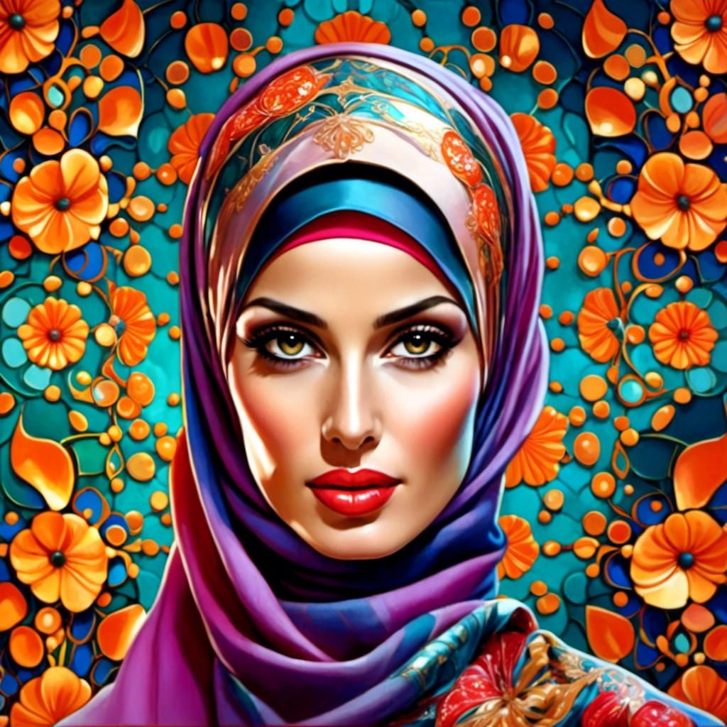 Confident Hijabi Woman in Retro Digital Painting