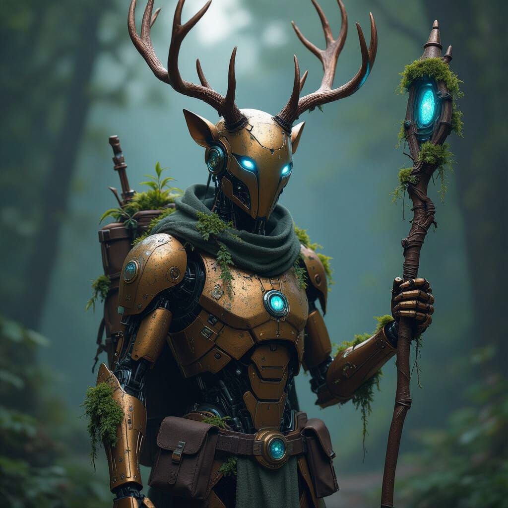 Robot Druid With Charred Moss Arm and Deer Antlers