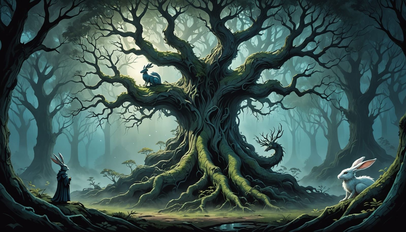 Ancient Dragon Tree in Moonlit Forest