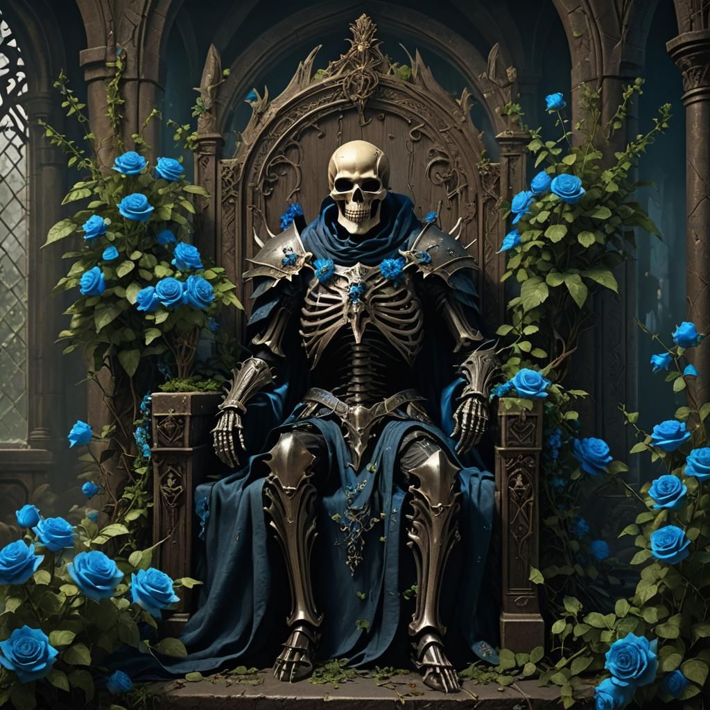 Skeletal Knight on Throne with Roses, Dark Fantasy Art