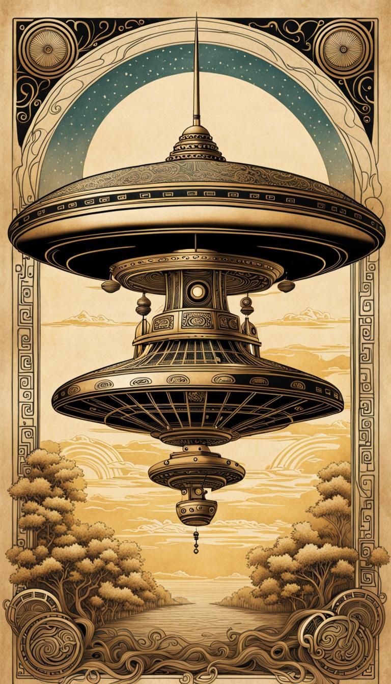 UFO in Chinese Line Art Steampunk Style