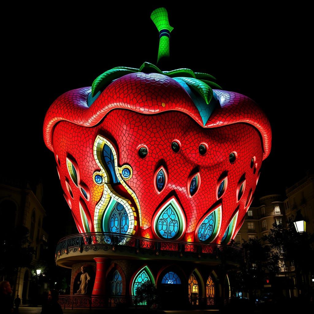 Gaudí-Inspired Strawberry Building with Mosaic Tiles