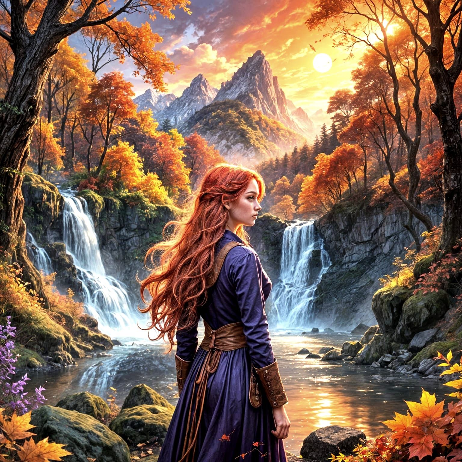 Lilith in Autumn Forest with Sunset River Scene