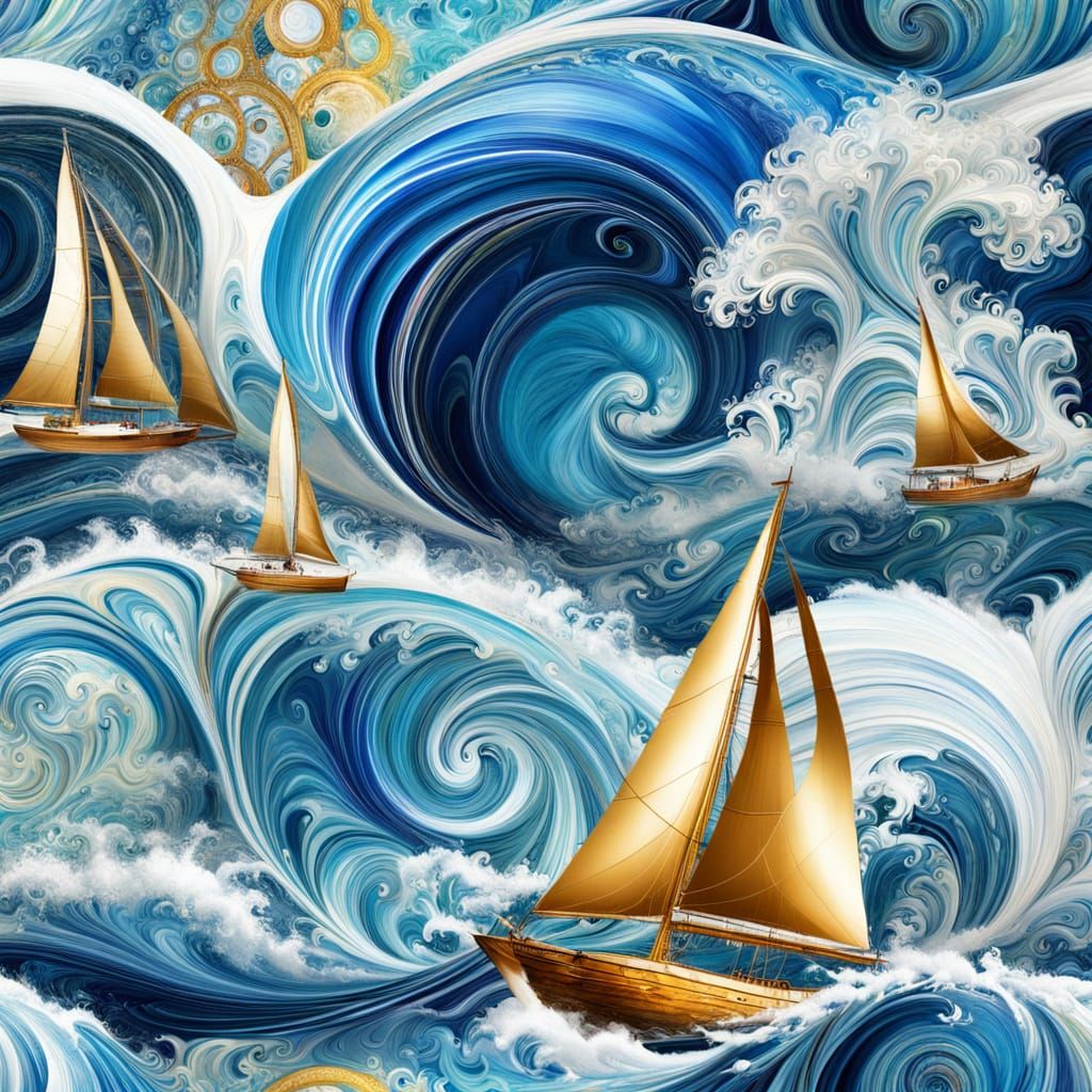 Dreamy Liquid Marble Ocean with Sailboat and Fractals