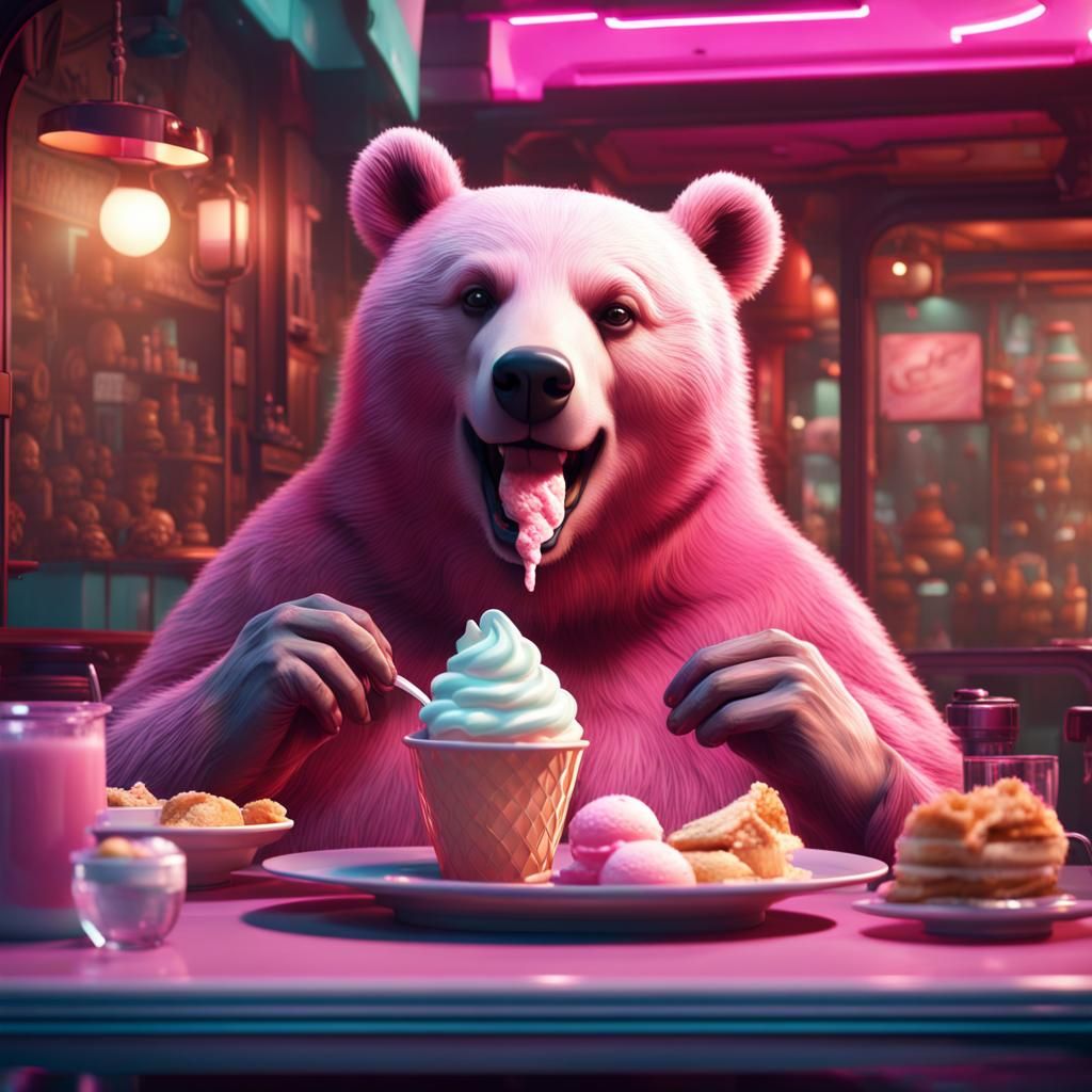 Happy Bear Enjoys Ice Cream in Retro Cafe