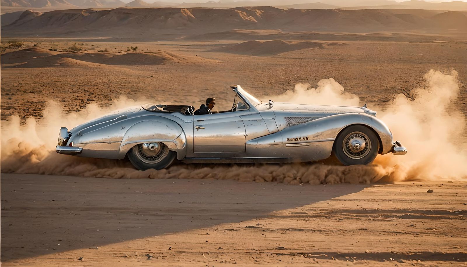 Vintage Car Speeding Through Desert at Sunset